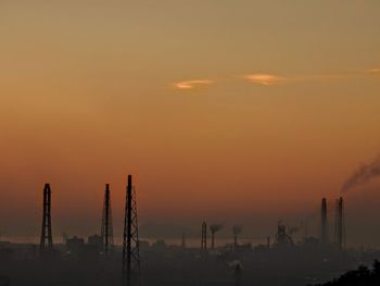 Silhouette of factory at sunset