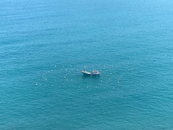 High angle view of boat sailing in sea