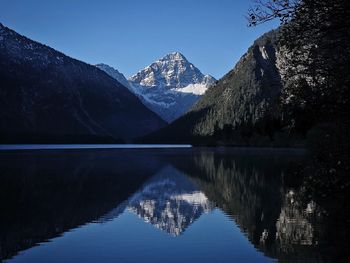 Scenic view of lake and mountains against clear sky