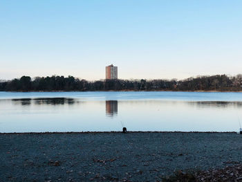 Scenic view of lake against clear sky