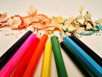 Close-up of multi colored pencils on table
