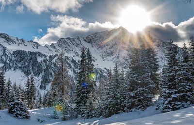 Scenic view of snowcapped mountains against sky