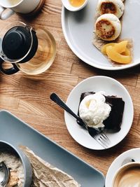 High angle view of breakfast served on table