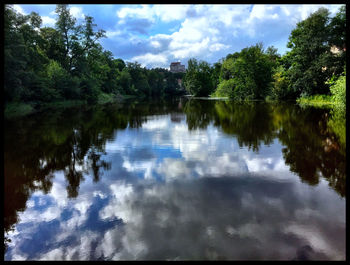 Scenic view of lake against cloudy sky