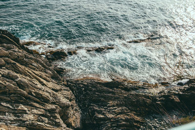 High angle view of rocks in sea