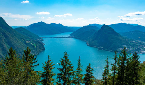 Scenic view of lake and mountains against sky