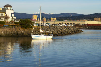 Sailboats moored at harbor