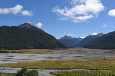 Scenic view of lake and mountains against sky