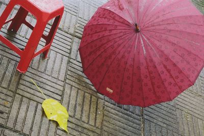 High angle view of red umbrella