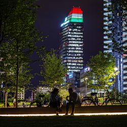 People on illuminated building against trees in city at night