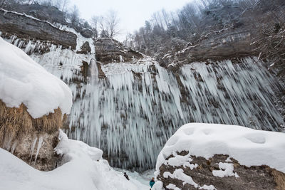 Low angle view of icicles on rocks