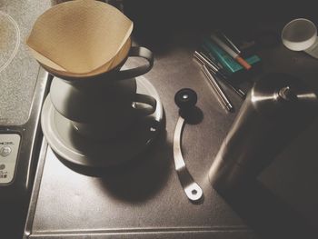 High angle view of coffee cup on table