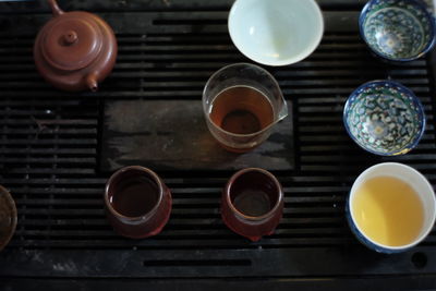 High angle view of breakfast on table