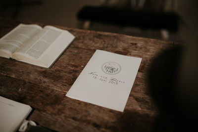 High angle view of open book on table