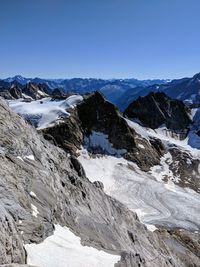 Scenic view of snowcapped mountains against clear sky