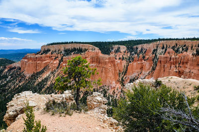 Scenic view of rock formations against cloudy sky