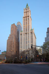 City skyline from city hall park at tribeca district, manhattan, new york city, united states