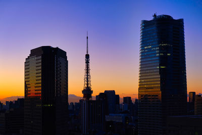 Modern buildings in city against sky during sunset