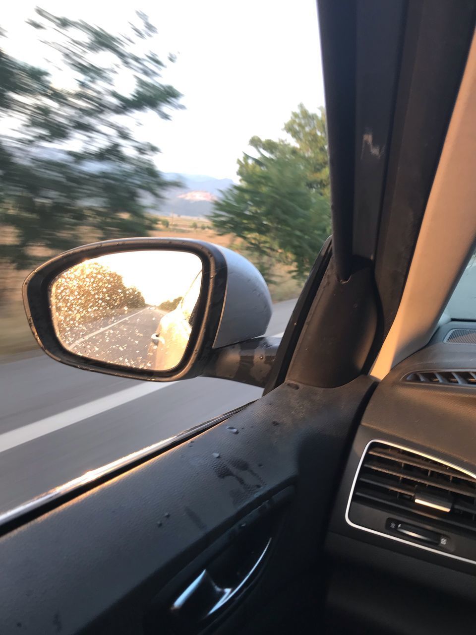 REFLECTION OF TREES IN CAR MIRROR