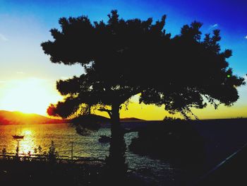 Silhouette trees by lake against sky during sunset