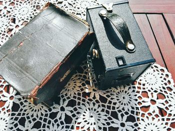 High angle view of black and table on floor