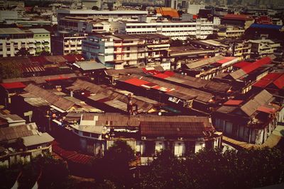 High angle view of houses in town