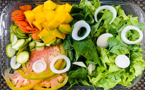 High angle view of chopped vegetables in bowl