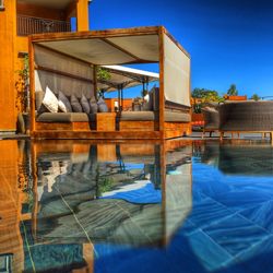 Reflection of blue sky on floor at port chambly hotel