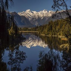 Scenic view of lake and mountains against sky