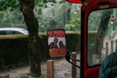 Reflection of people on wet side-view mirror of vehicle during rainy season