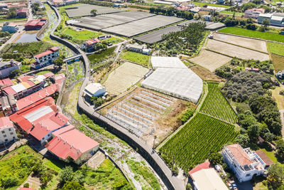 High angle view of residential buildings in city