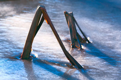 Close-up of frozen boat in winter