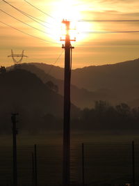 Silhouette electricity pylon against sky during sunset