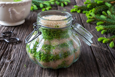 Close-up of drink in jar on table