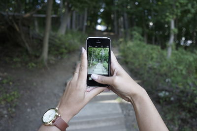 Cropped image of woman photographing through smart phone