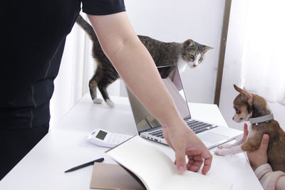 People with animals at desk