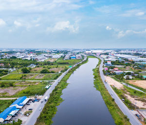 High angle view of cityscape against sky