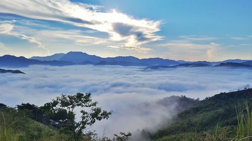 Scenic view of mountains against cloudy sky