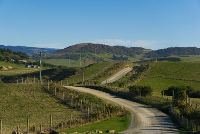 Scenic view of winding road against clear sky