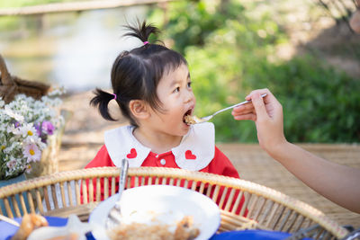 Cropped hand of mother feeding girl while sitting at park