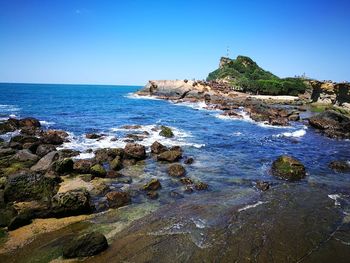 Scenic view of sea against clear blue sky