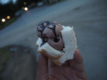 Close-up of hand holding ice cream against blurred background