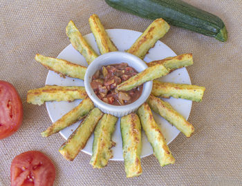 High angle view of pasta in plate on table