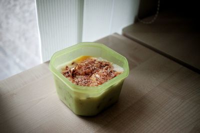 High angle view of breakfast served on table