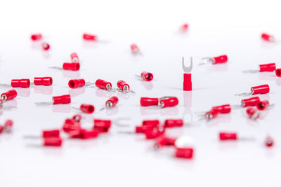 Close-up of colored pencils on white background