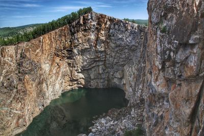 Scenic view of rock formation in lake against sky