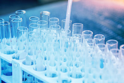 High angle view of test tubes in rack at medical laboratory