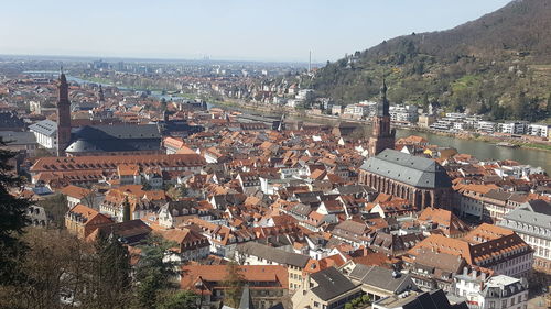 High angle shot of townscape against sky