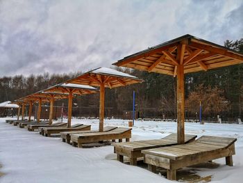 Built structure on snow covered land against sky