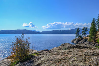 Scenic view of lake against blue sky